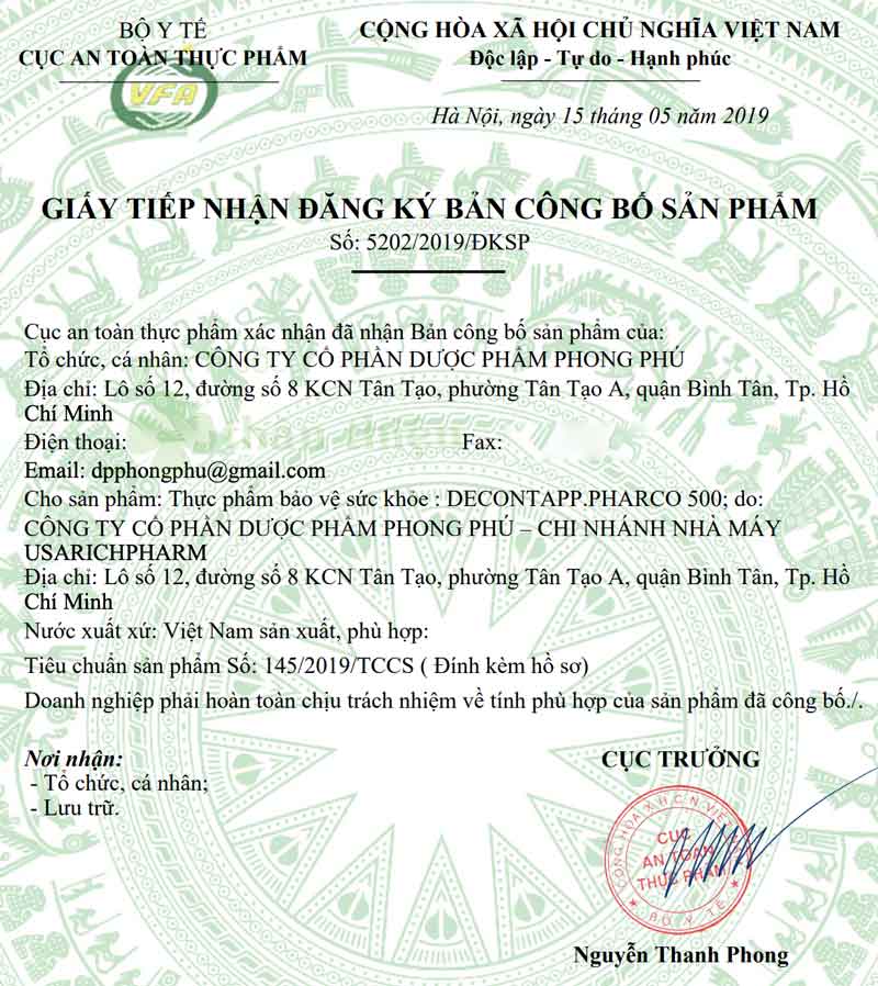 Giấy xác nhận công bố Decontapp.pharco 500 do Cục ATTP - Bộ Y tế cấp