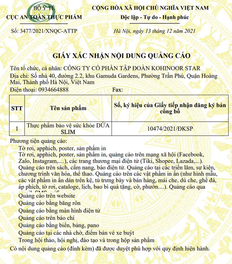 Giấy phép quảng cáo sản phẩm Dứa mật ong Slim do Cục ATTP - Bộ Y tế cấp