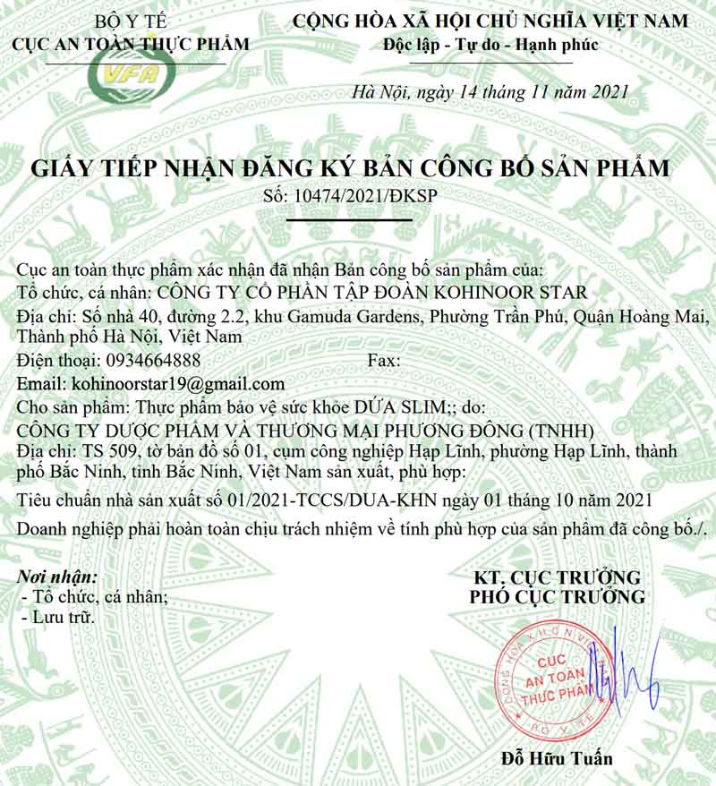 Giấy phép công bố sản phẩm Dứa mật ong Slim do Cục ATTP - Bộ Y tế cấp
