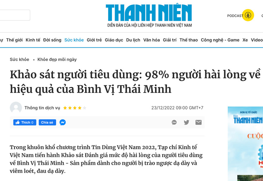 Báo Thanh Niên - 98% người hài lòng về hiệu quả của Bình Vị Thái Minh