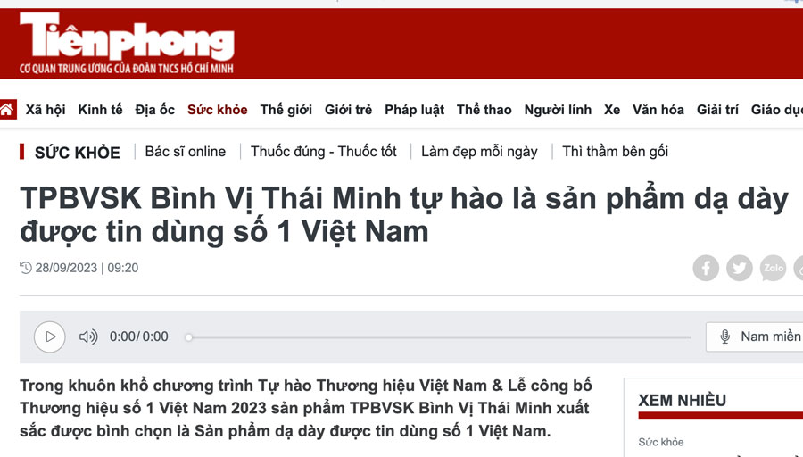Báo Tiền Phong - Bình Vị Thái Minh tự hào là sản phẩm dạ dày được tin dùng số 1 Việt Nam